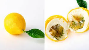 Lemon trompe-l'œil whole and cut, candied interior visible