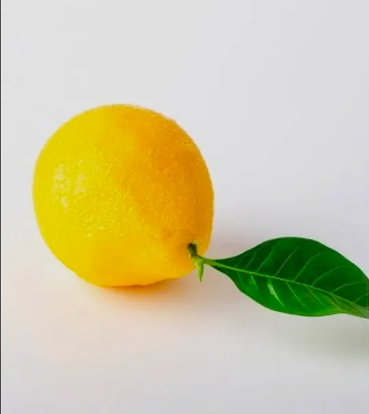 Whole lemon trompe-l'œil entremets with a fresh gardenia leaf, glossy yellow finish on a white surface