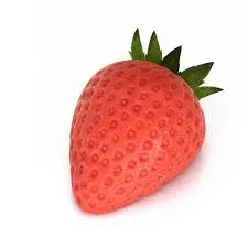 Strawberry trompe-l'œil pastry, dimpled red surface with green calyx, on white